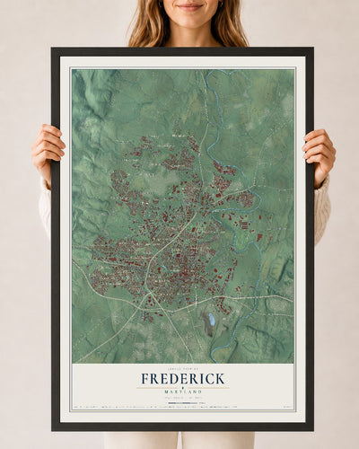 Map of Frederick, Maryland, 24 x 36 inch print in a black wood frame