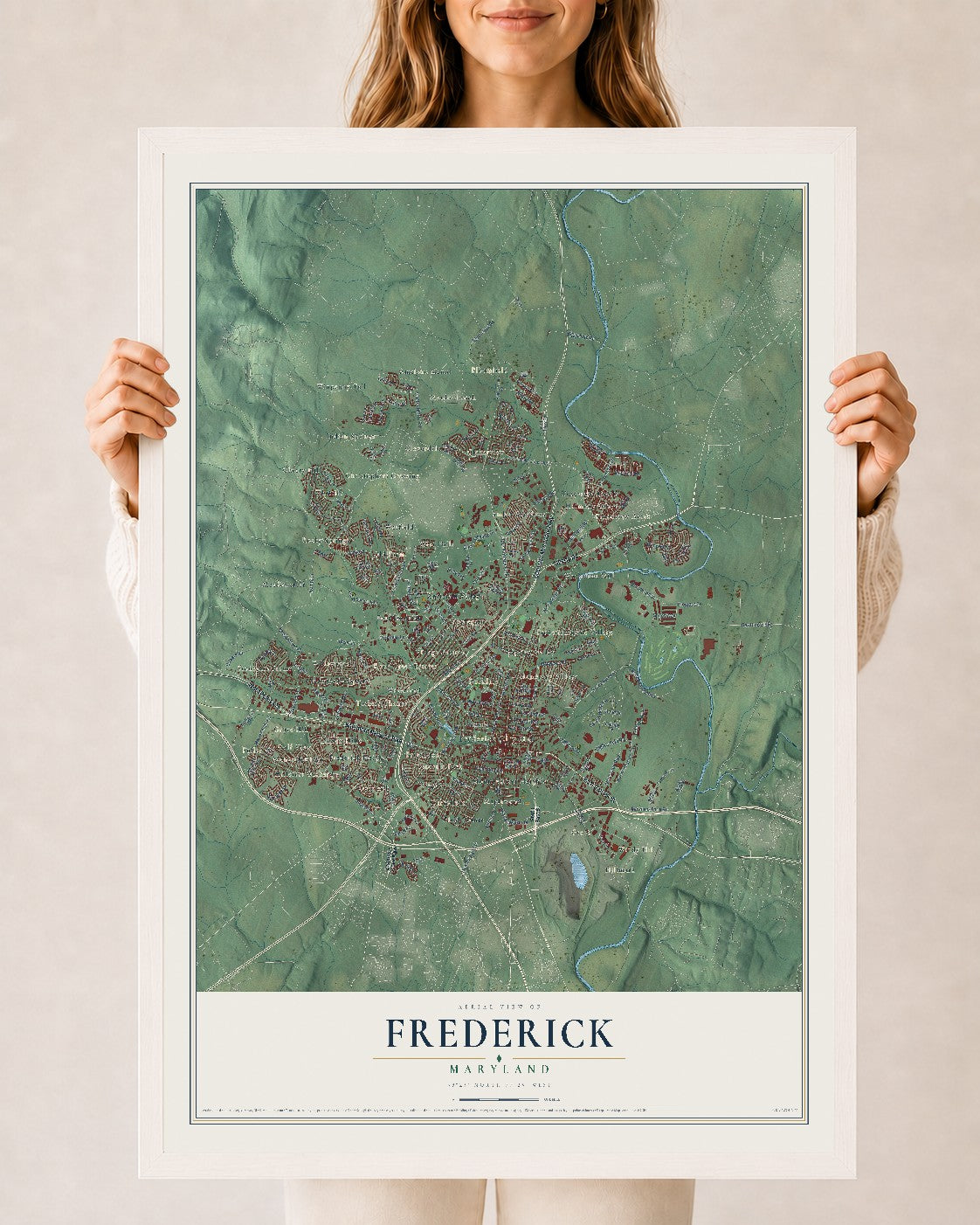 Map of Frederick, Maryland, 24 x 36 inch print in a white wood frame