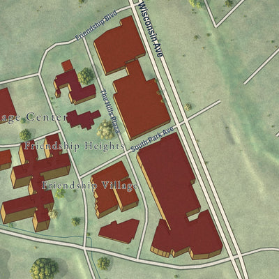 Close-up of the map of Friendship Heights Village, Maryland print showing street and building detail