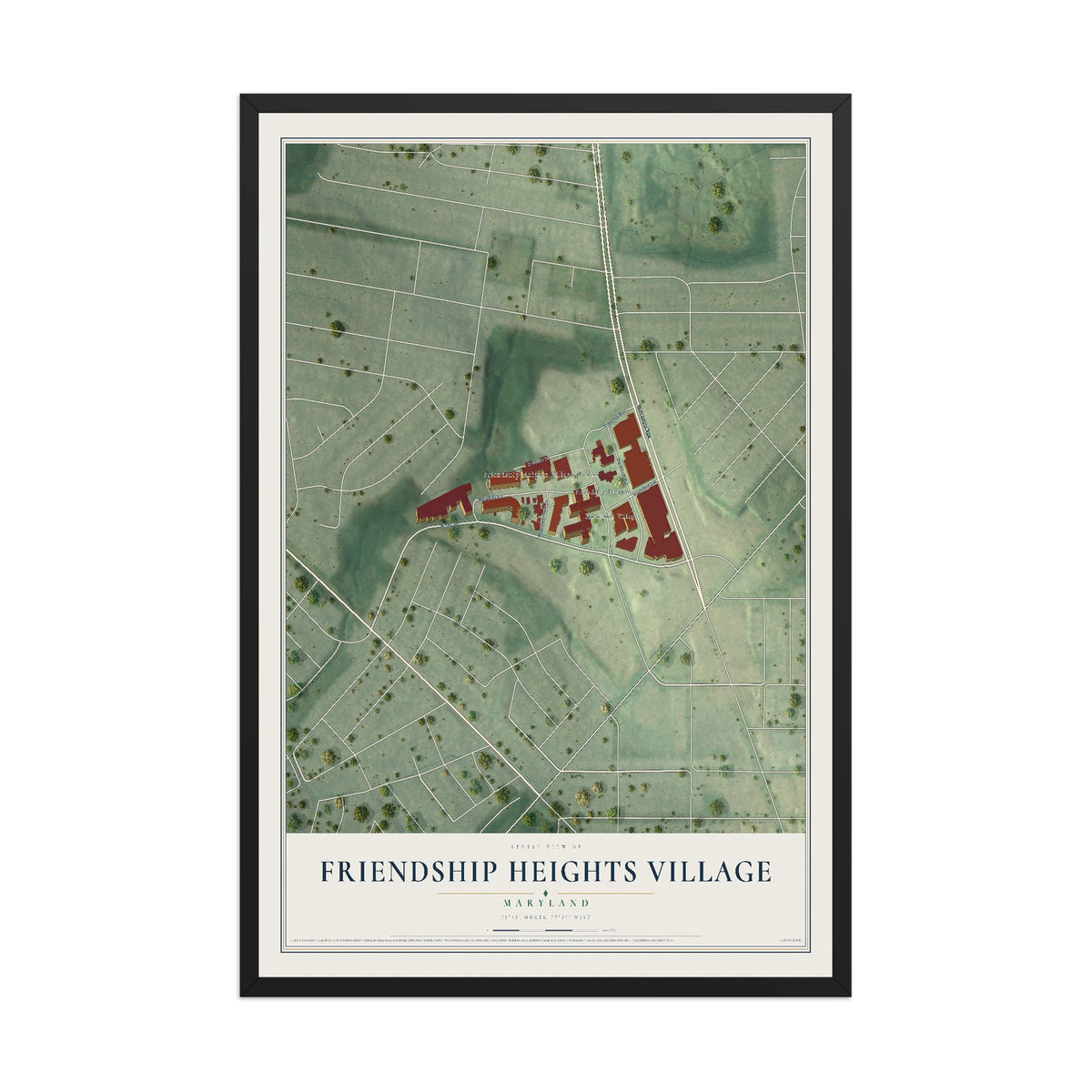 Map of Friendship Heights Village, Maryland, 12 x 18 inch print in a black wood frame