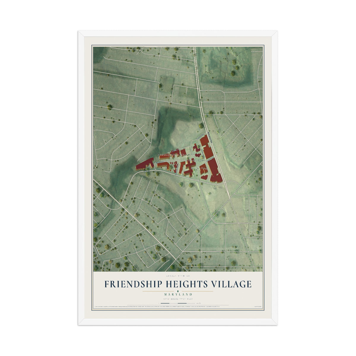 Map of Friendship Heights Village, Maryland, 12 x 18 inch print in a white wood frame