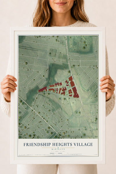 Map of Friendship Heights Village, Maryland, 18 x 24 inch print in a white wood frame