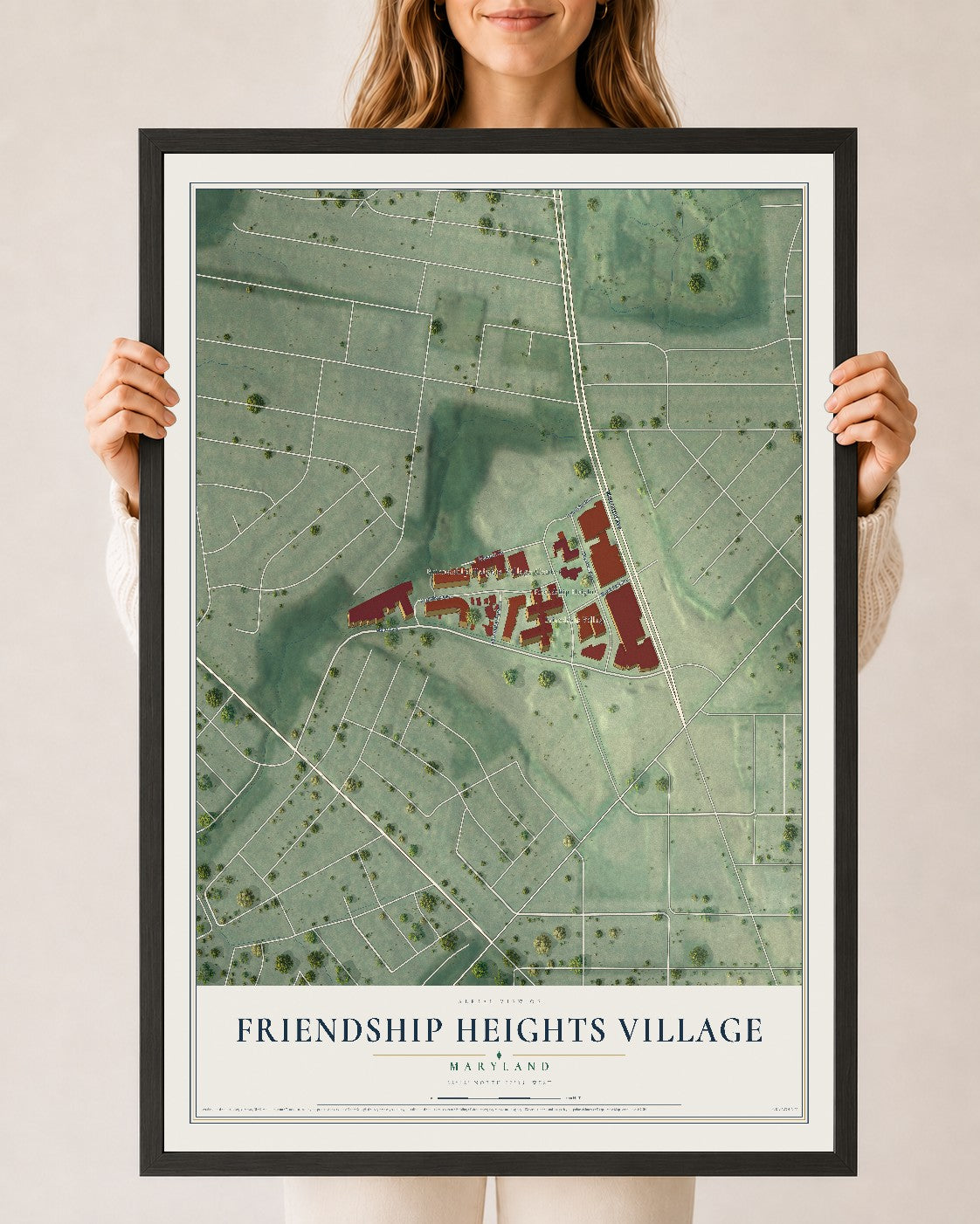 Map of Friendship Heights Village, Maryland, 24 x 36 inch print in a black wood frame