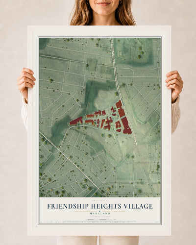 Map of Friendship Heights Village, Maryland, 24 x 36 inch print in a white wood frame