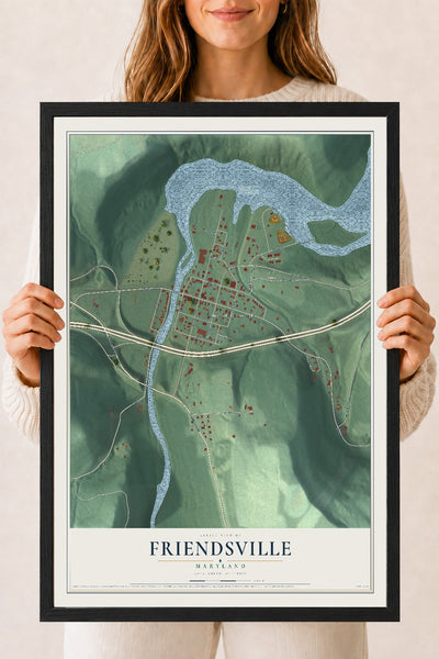 Map of Friendsville, Maryland, 18 x 24 inch print in a black wood frame