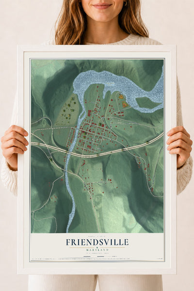 Map of Friendsville, Maryland, 18 x 24 inch print in a white wood frame