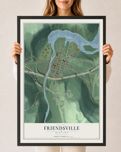 Map of Friendsville, Maryland, 24 x 36 inch print in a black wood frame