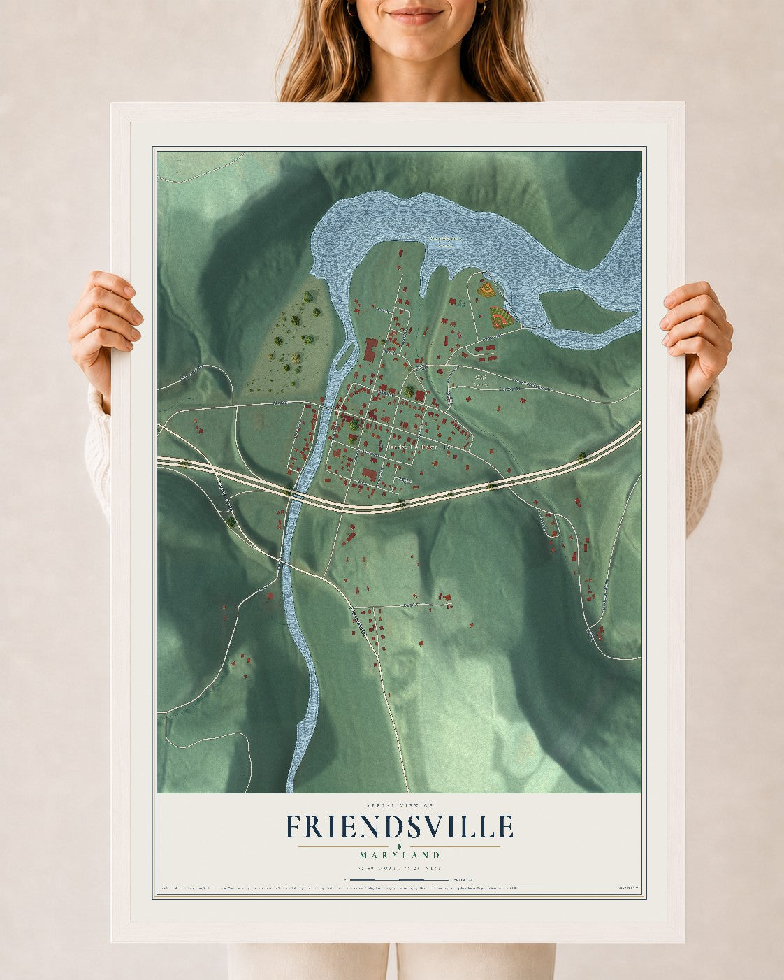 Map of Friendsville, Maryland, 24 x 36 inch print in a white wood frame