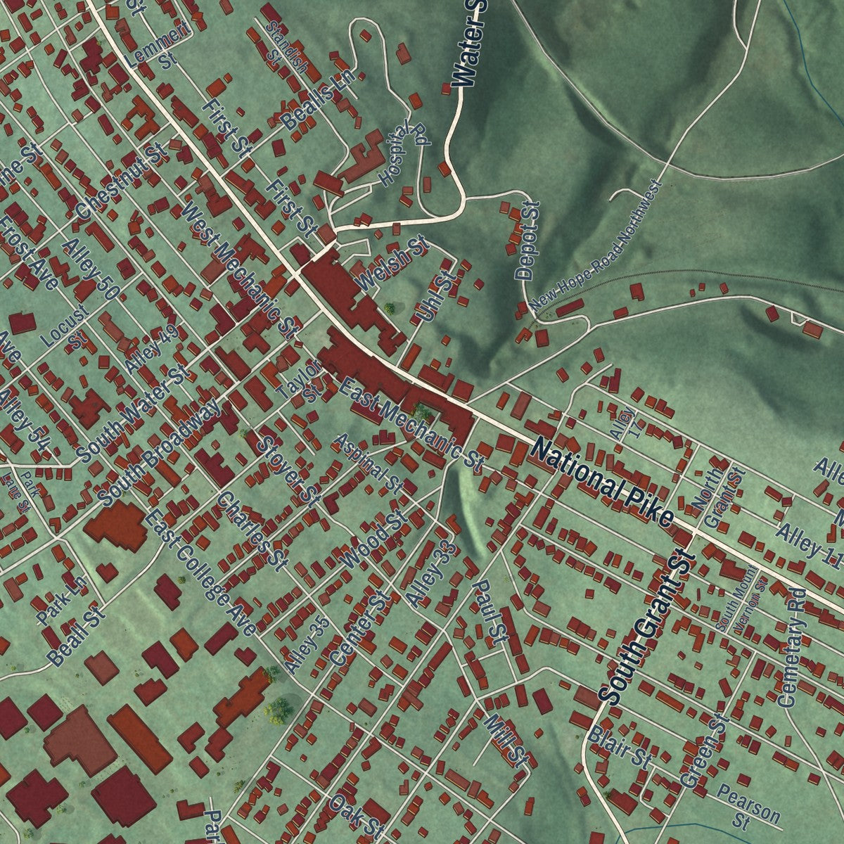 Close-up of the map of Frostburg, Maryland print showing street and building detail