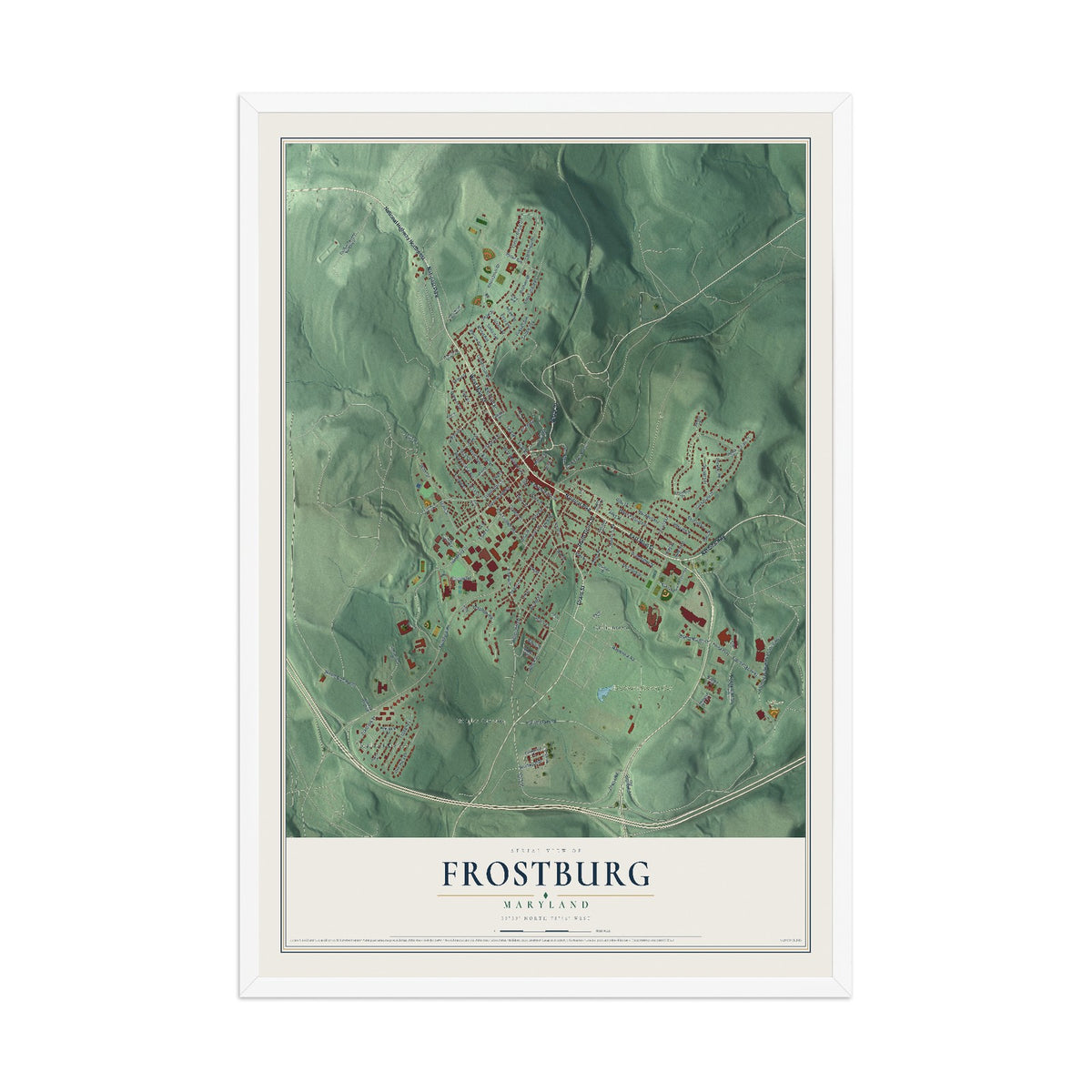 Map of Frostburg, Maryland, 12 x 18 inch print in a white wood frame