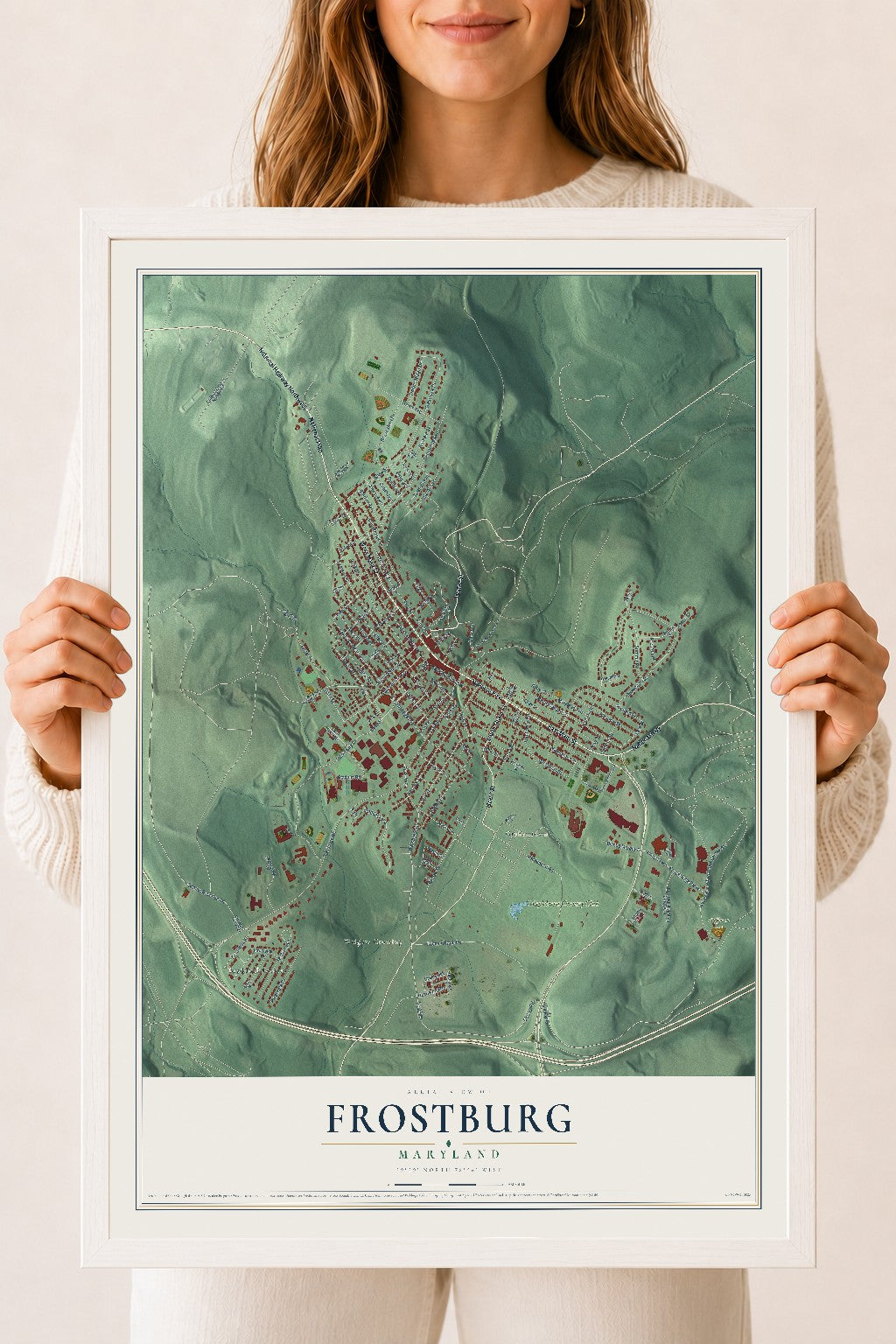 Map of Frostburg, Maryland, 18 x 24 inch print in a white wood frame