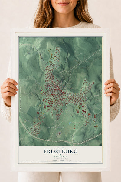 Map of Frostburg, Maryland, 18 x 24 inch print in a white wood frame