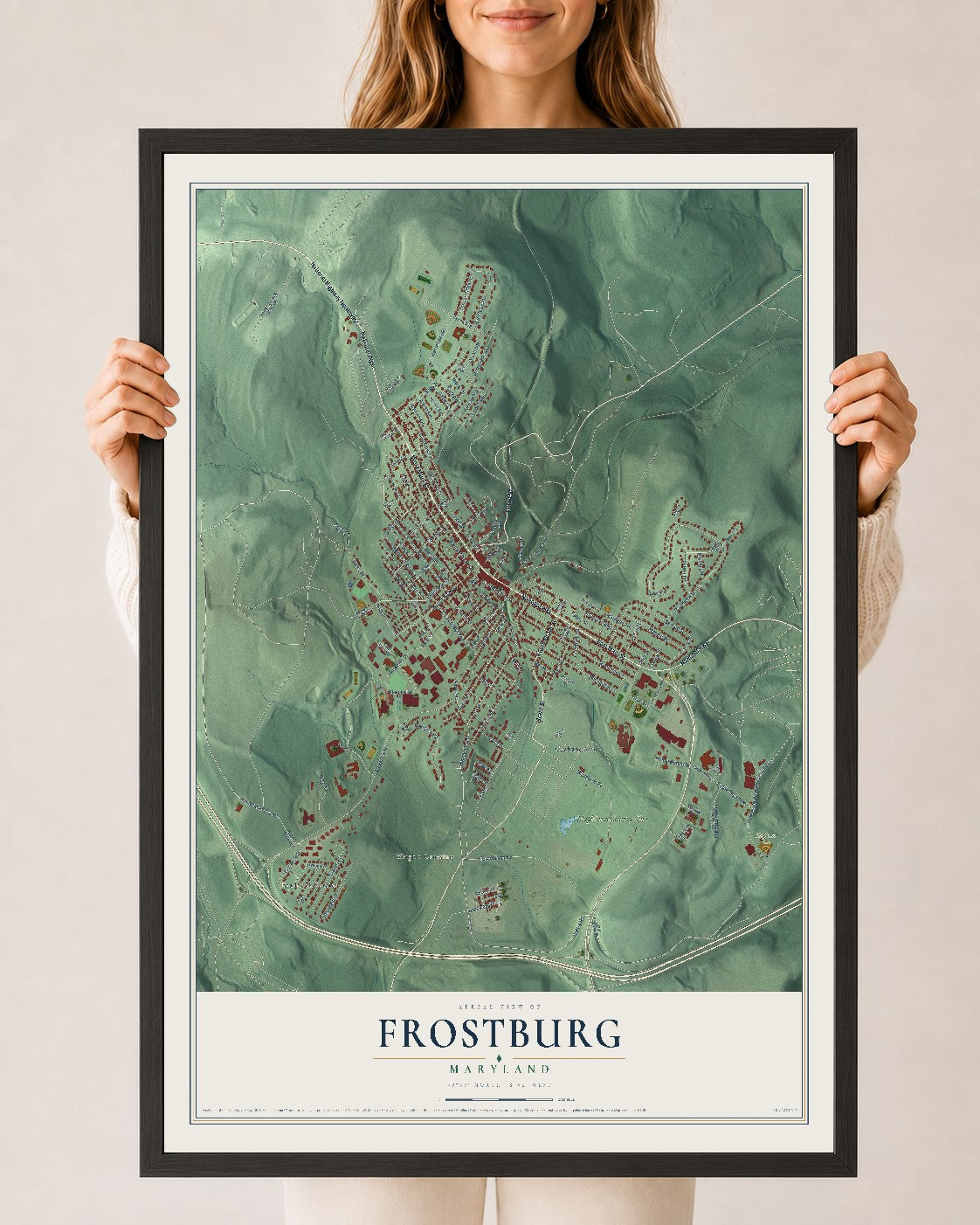 Map of Frostburg, Maryland, 24 x 36 inch print in a black wood frame