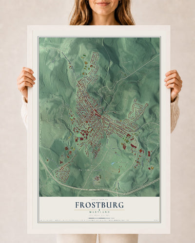 Map of Frostburg, Maryland, 24 x 36 inch print in a white wood frame
