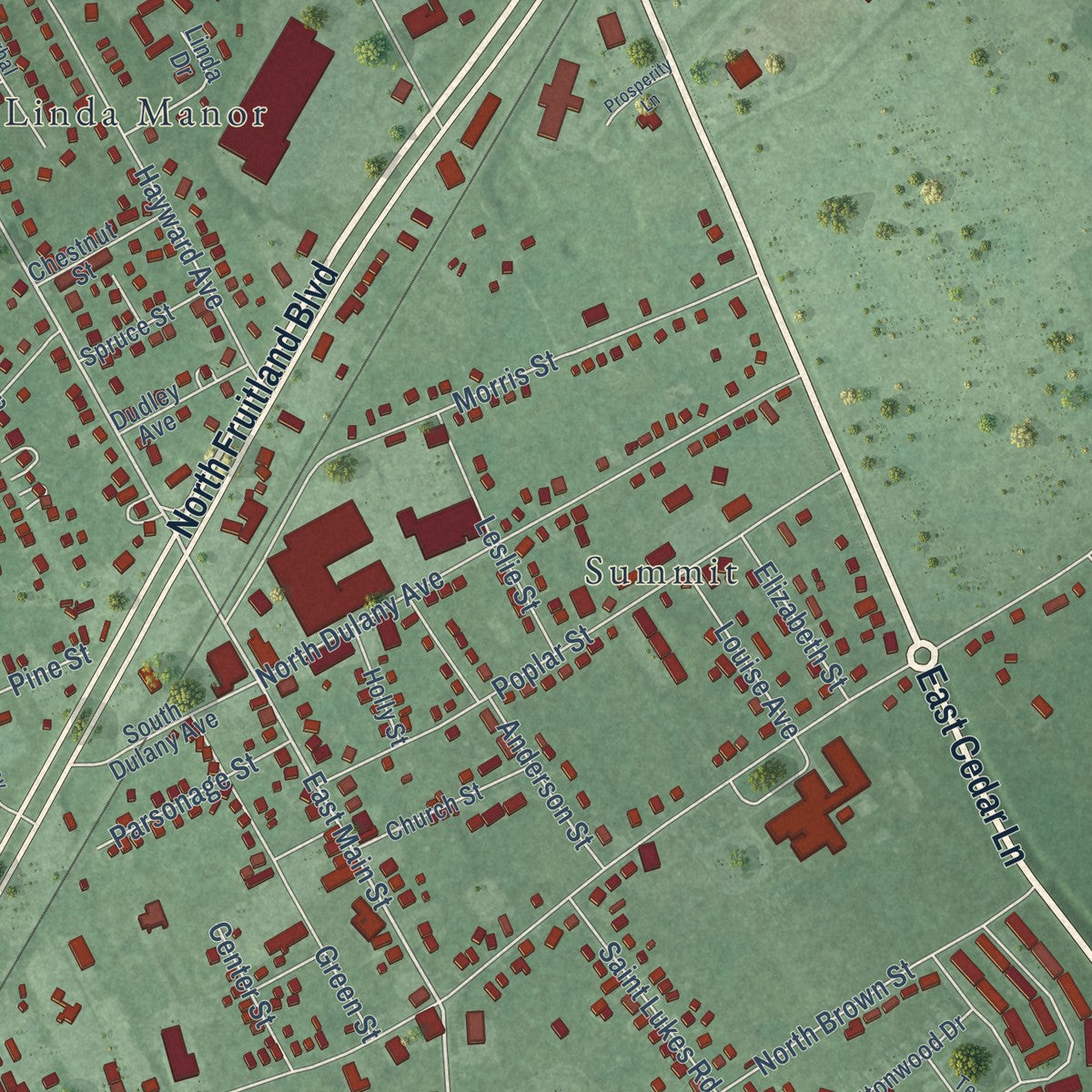 Close-up of the map of Fruitland, Maryland print showing street and building detail