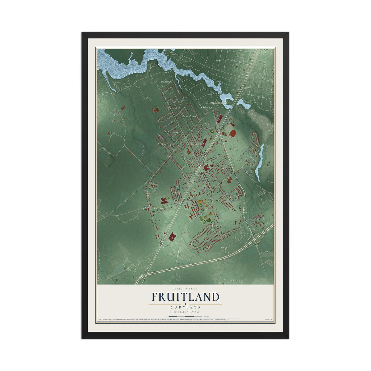Map of Fruitland, Maryland, 12 x 18 inch print in a black wood frame