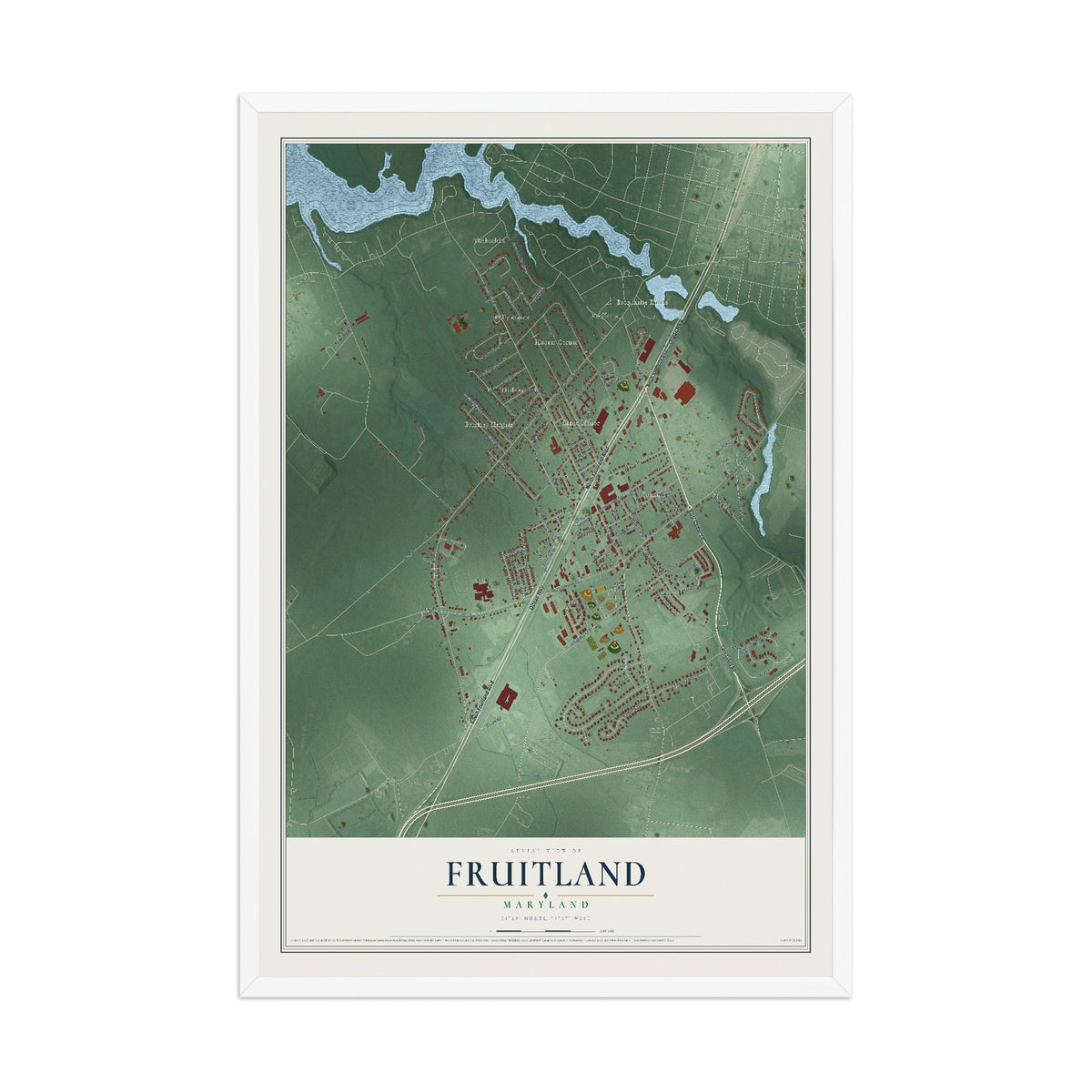 Map of Fruitland, Maryland, 12 x 18 inch print in a white wood frame