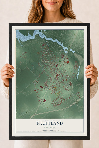 Map of Fruitland, Maryland, 18 x 24 inch print in a black wood frame