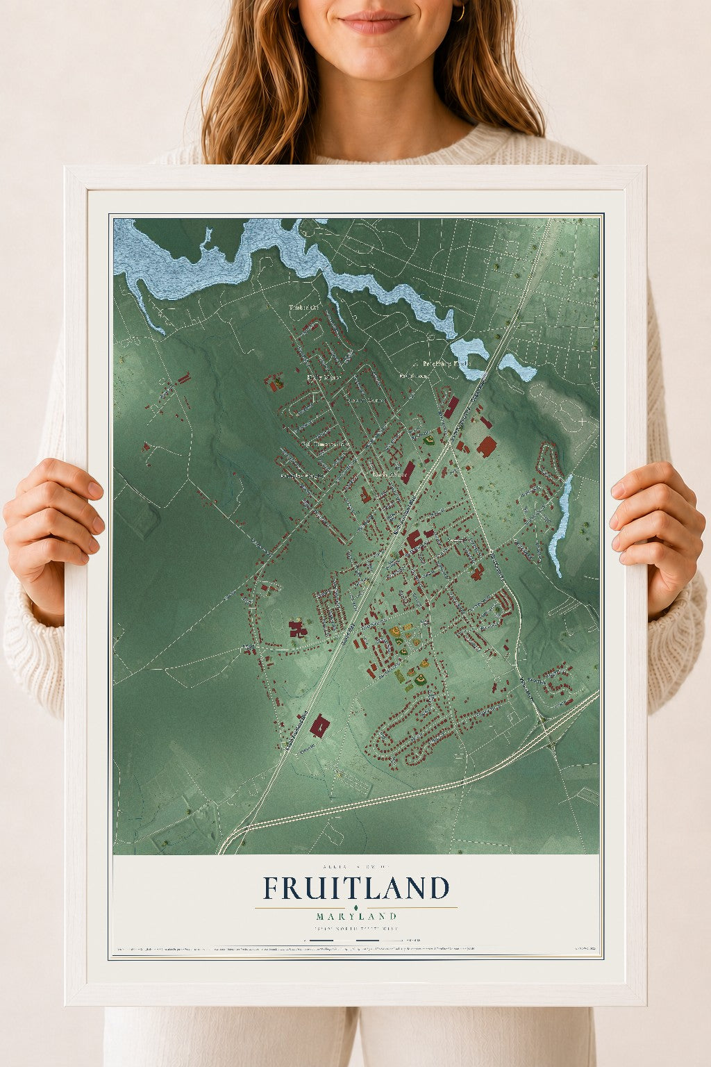 Map of Fruitland, Maryland, 18 x 24 inch print in a white wood frame