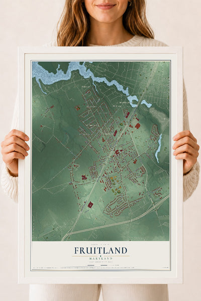 Map of Fruitland, Maryland, 18 x 24 inch print in a white wood frame
