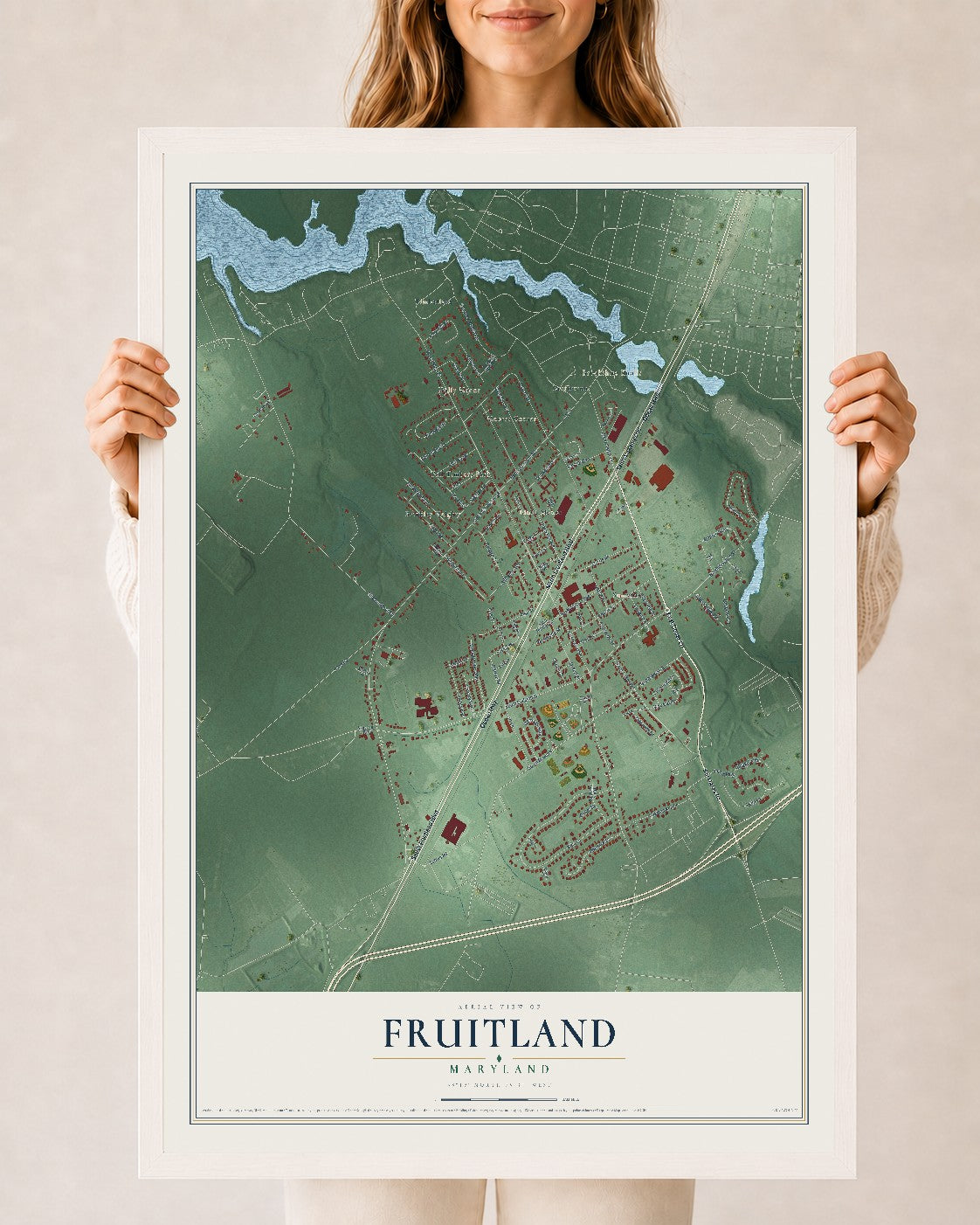 Map of Fruitland, Maryland, 24 x 36 inch print in a white wood frame