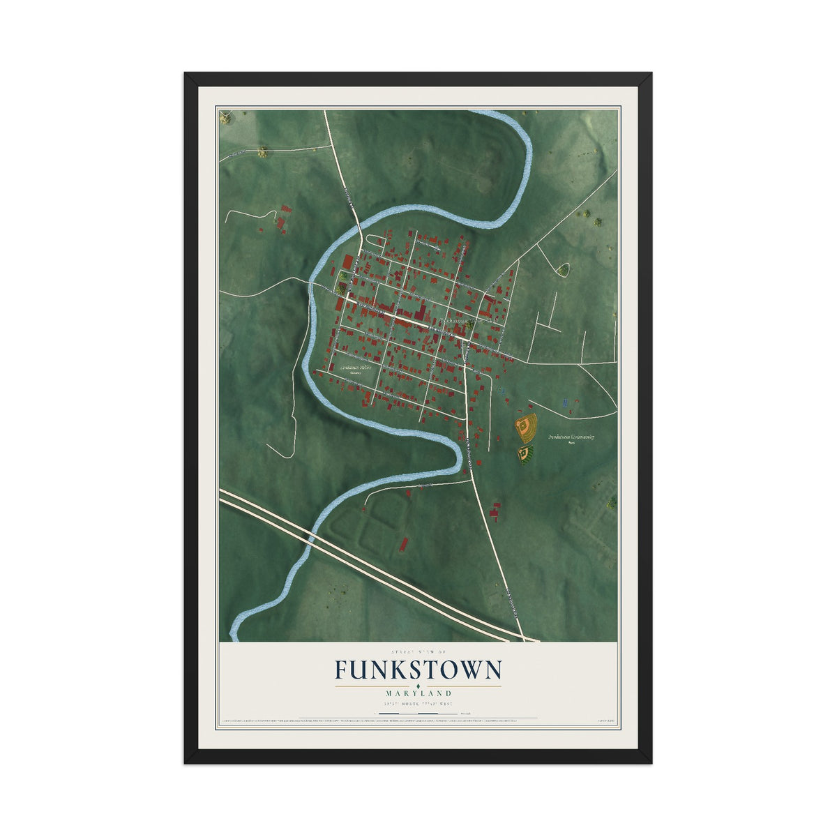 Map of Funkstown, Maryland, 12 x 18 inch print in a black wood frame