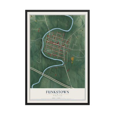 Map of Funkstown, Maryland, 12 x 18 inch print in a black wood frame