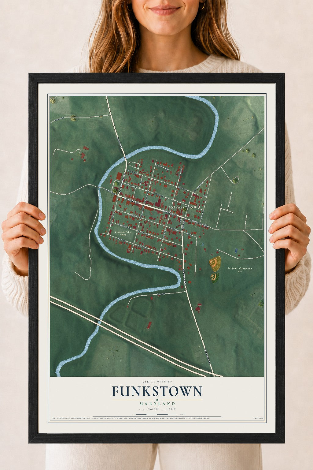 Map of Funkstown, Maryland, 18 x 24 inch print in a black wood frame