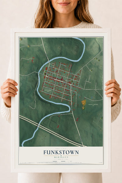 Map of Funkstown, Maryland, 18 x 24 inch print in a white wood frame