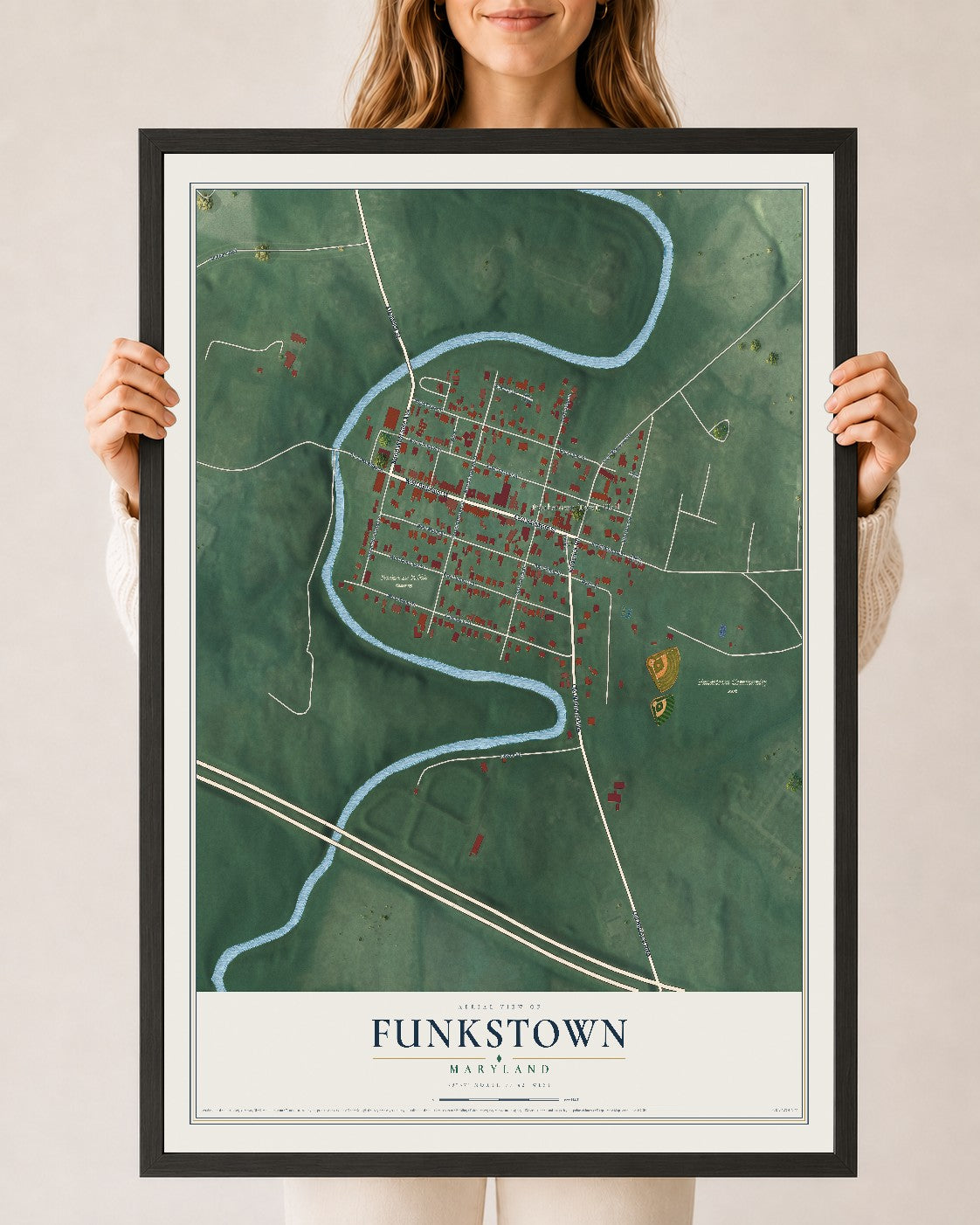 Map of Funkstown, Maryland, 24 x 36 inch print in a black wood frame