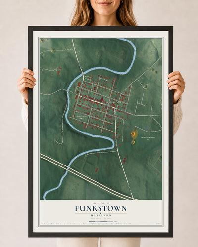 Map of Funkstown, Maryland, 24 x 36 inch print in a black wood frame