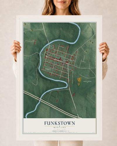Map of Funkstown, Maryland, 24 x 36 inch print in a white wood frame