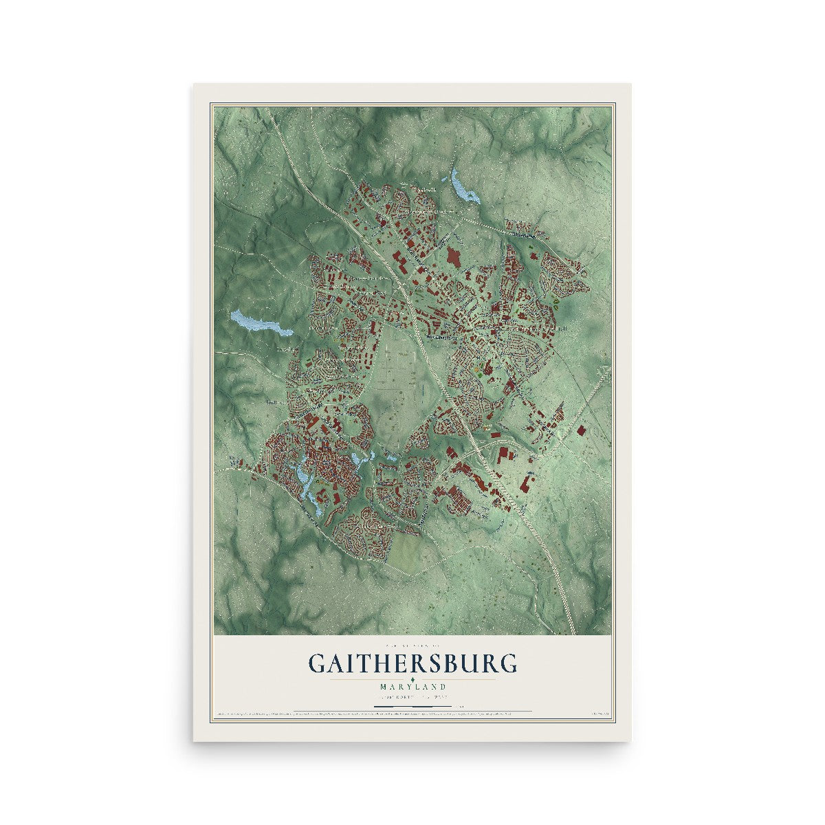 Map of Gaithersburg, Maryland, 12 x 18 inch unframed archival matte print