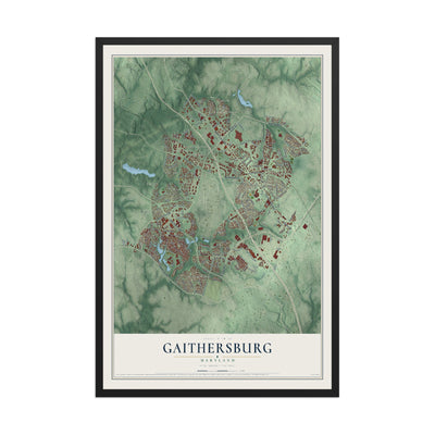 Map of Gaithersburg, Maryland, 12 x 18 inch print in a black wood frame