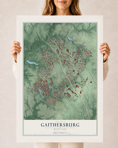 Map of Gaithersburg, Maryland, 24 x 36 inch print in a white wood frame
