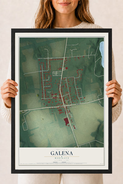 Map of Galena, Maryland, 18 x 24 inch print in a black wood frame