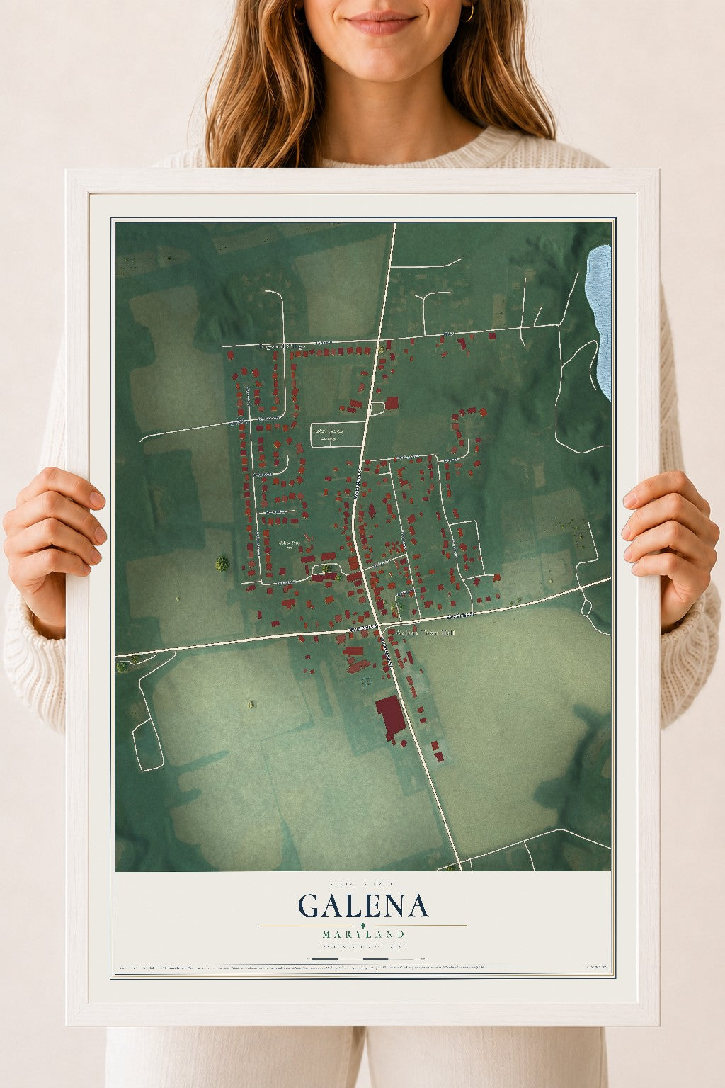 Map of Galena, Maryland, 18 x 24 inch print in a white wood frame