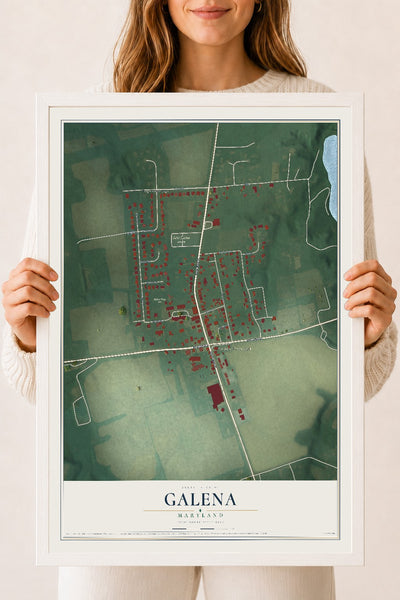 Map of Galena, Maryland, 18 x 24 inch print in a white wood frame