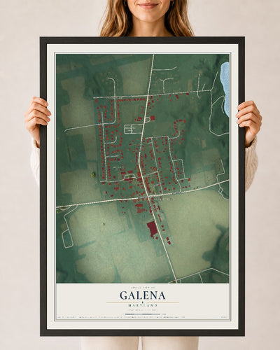 Map of Galena, Maryland, 24 x 36 inch print in a black wood frame