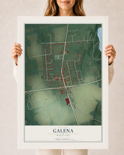 Map of Galena, Maryland, 24 x 36 inch print in a white wood frame