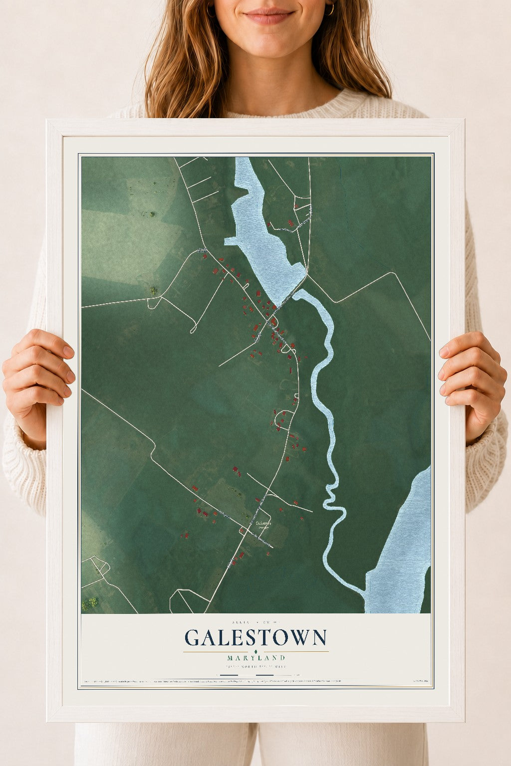 Map of Galestown, Maryland, 18 x 24 inch print in a white wood frame