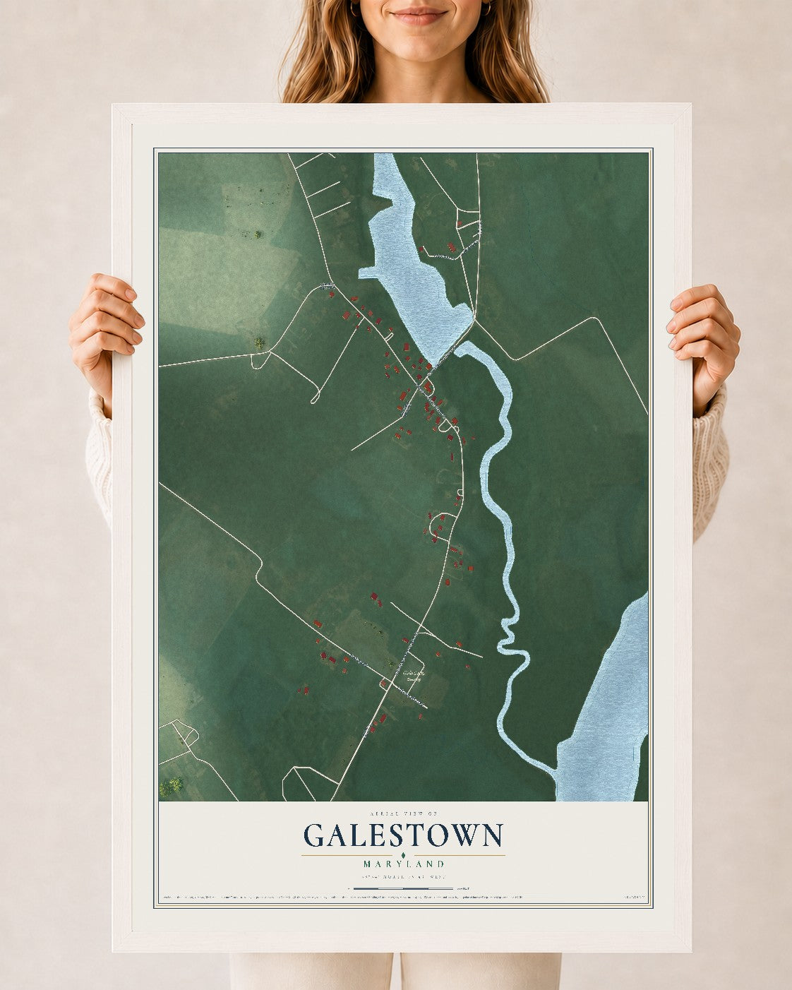 Map of Galestown, Maryland, 24 x 36 inch print in a white wood frame