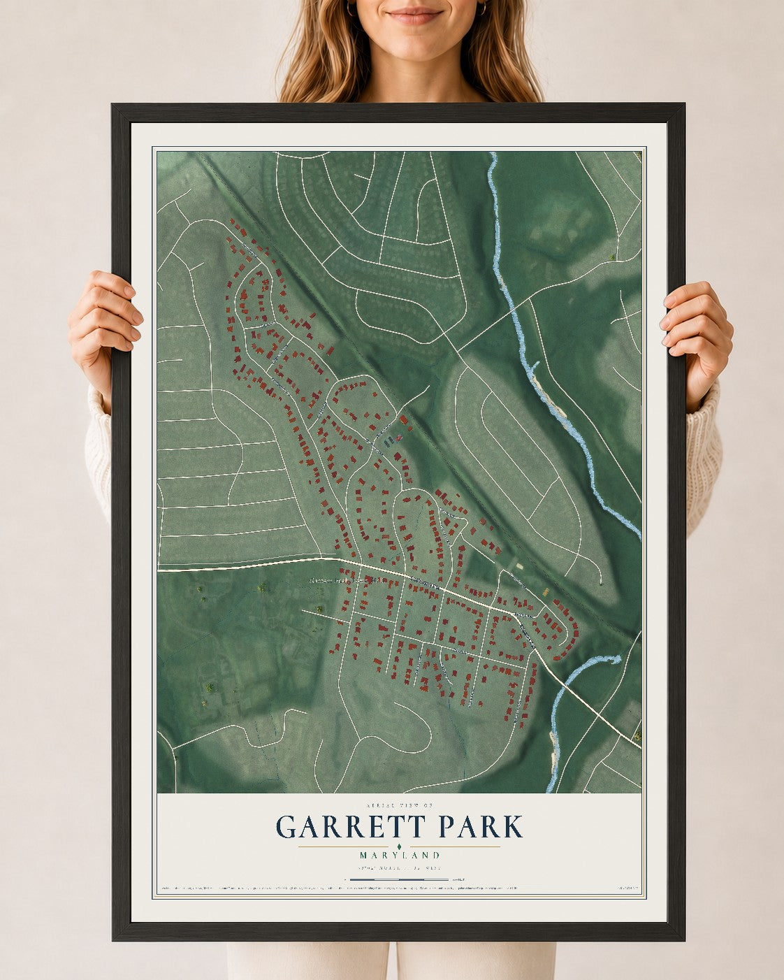Map of Garrett Park, Maryland, 24 x 36 inch print in a black wood frame