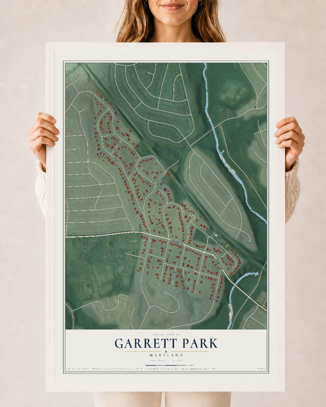 Map of Garrett Park, Maryland, 24 x 36 inch print in a white wood frame