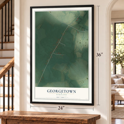 Georgetown, Maryland map, 24 x 36 inch print in a black frame by a staircase
