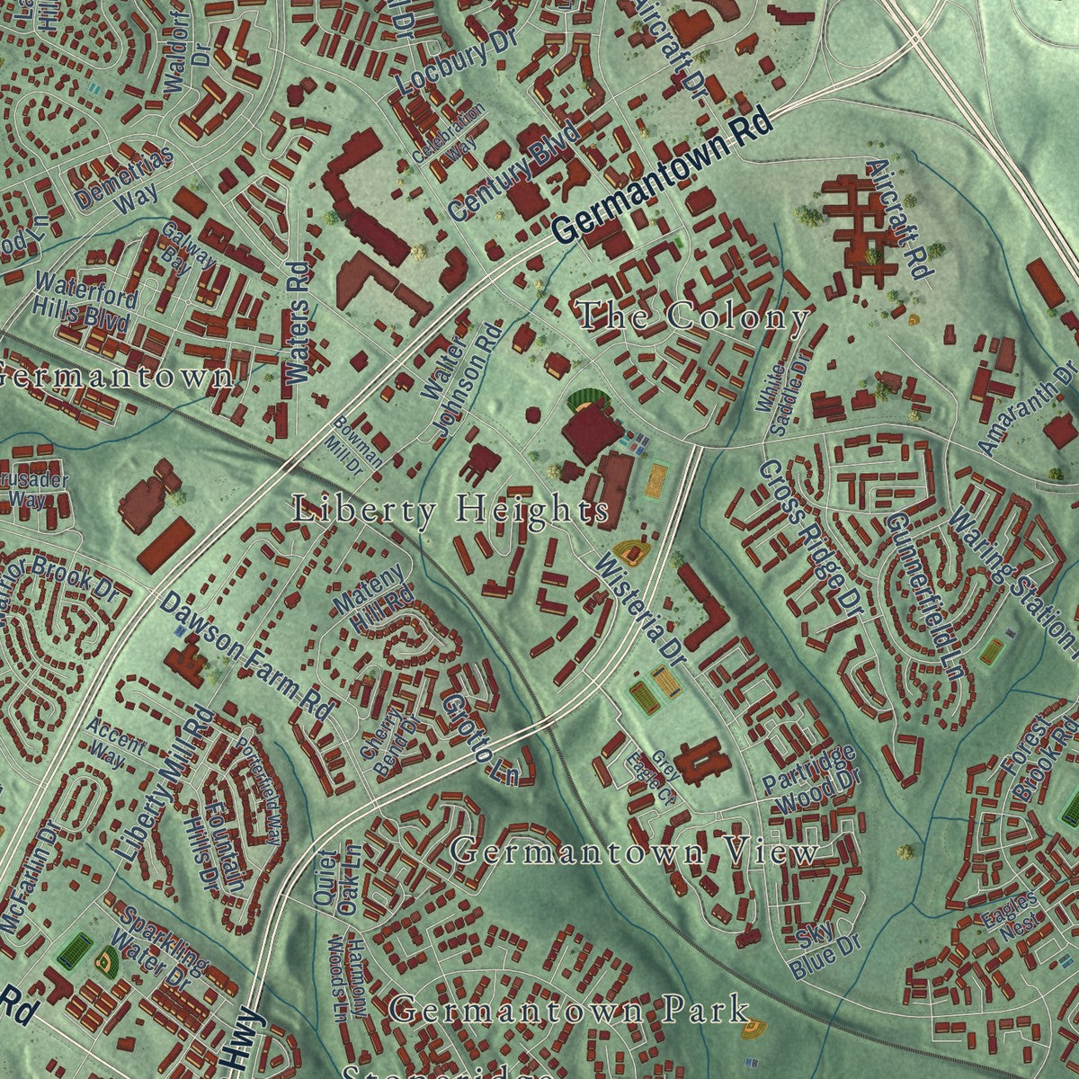 Close-up of the map of Germantown, Maryland print showing street and building detail