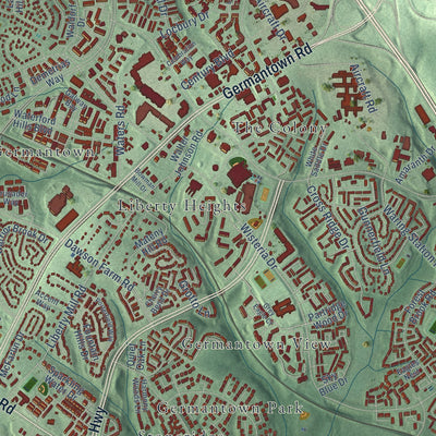 Close-up of the map of Germantown, Maryland print showing street and building detail