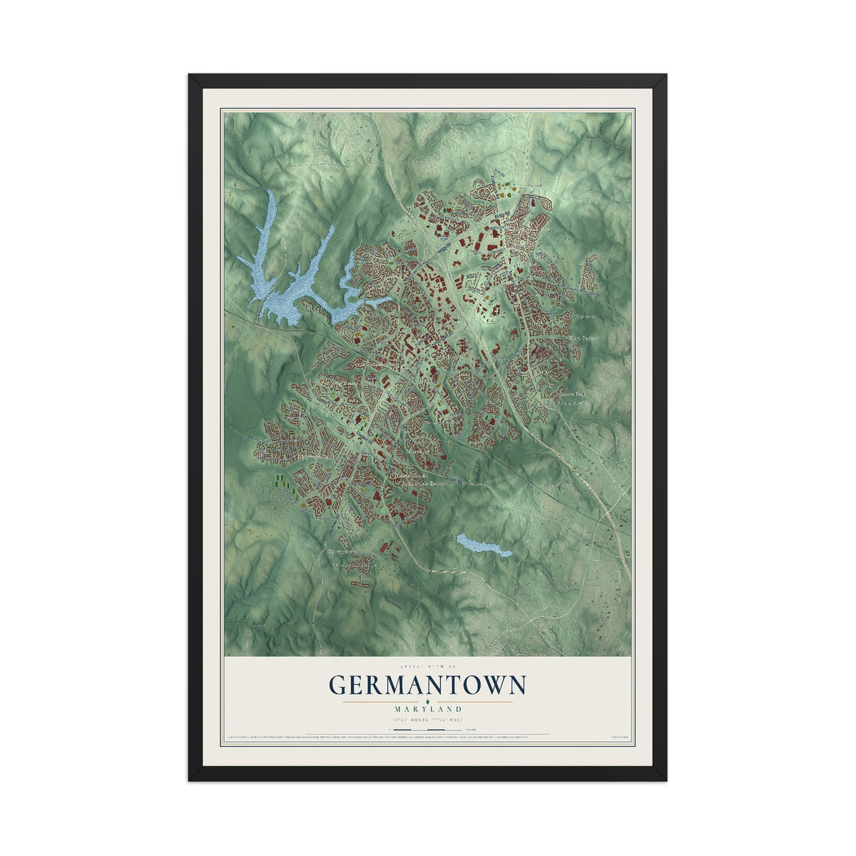 Map of Germantown, Maryland, 12 x 18 inch print in a black wood frame