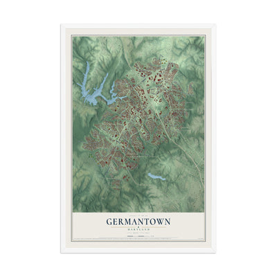 Map of Germantown, Maryland, 12 x 18 inch print in a white wood frame