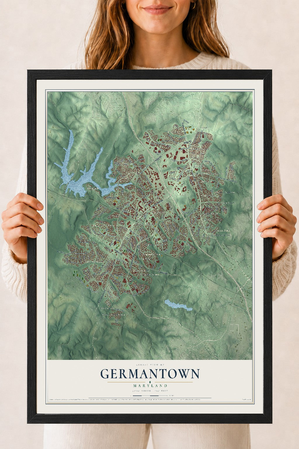 Map of Germantown, Maryland, 18 x 24 inch print in a black wood frame